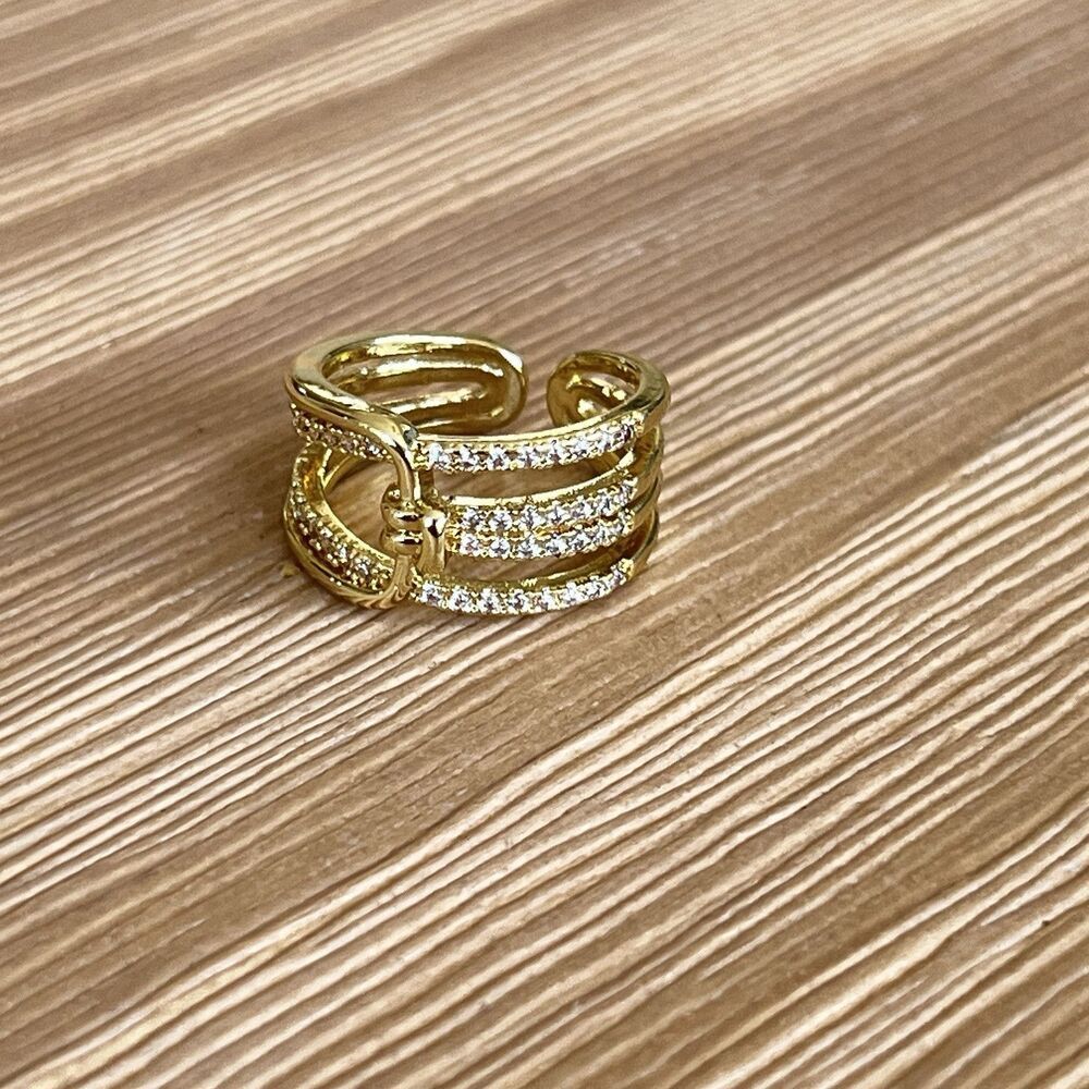 Gold Buckle ring‎ Rhinestone Multi Band Adjustable expandable layered